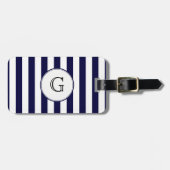 Navy Blue White Stripe Round Whologram Etiket Bagagelabel (Voorkant horizontaal)