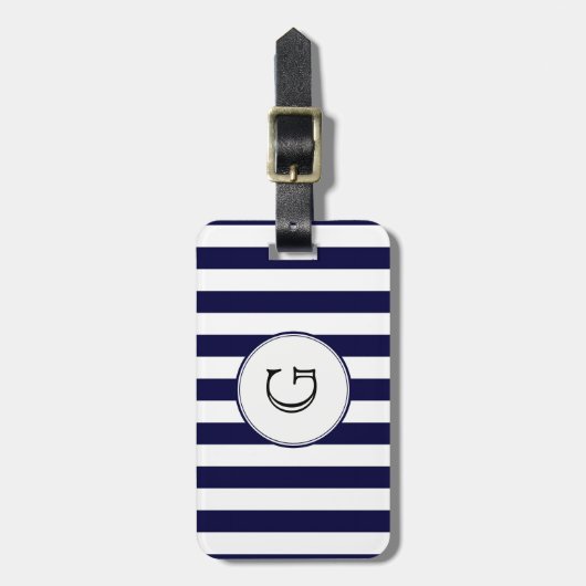 Navy Blue White Stripe Round Whologram Etiket Bagagelabel (Voorkant verticaal)
