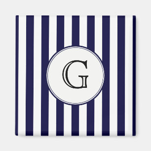 Navy Blue White Stripe Round Whologram Etiket Magneet