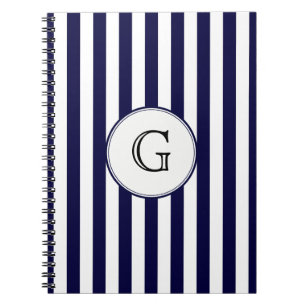 Navy Blue White Stripe Round Whologram Etiket Notitieboek
