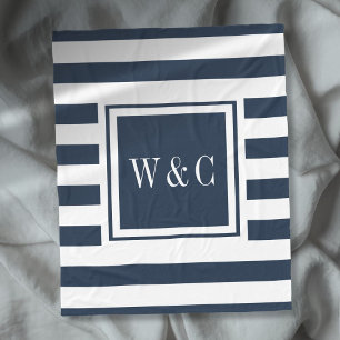 Navy Blue White Stripe Trendy Monogram Fleece Deken