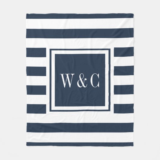 Navy Blue White Stripe Trendy Monogram Fleece Deken (Voorkant)