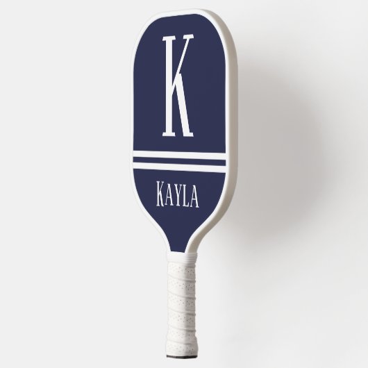 Navy Blue & White Striped Monogram Name Pickleball Paddle (Links)
