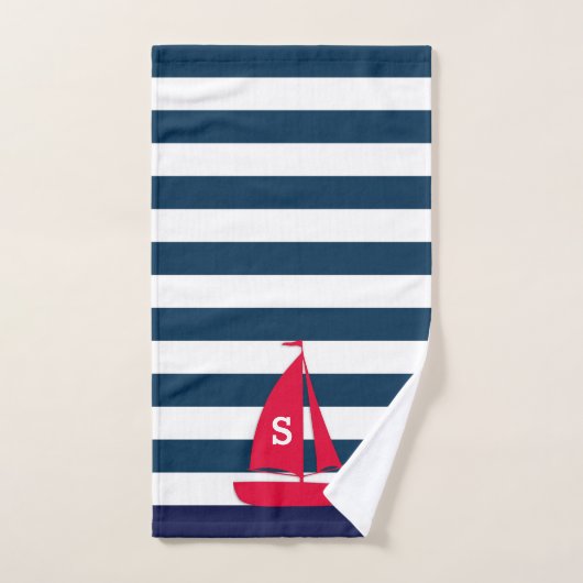Navy Blue White Striped Monogram Red Boat Nautical Handdoek (Handdoek)