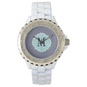 Navy Blue & White Striped Pattern Horloge
