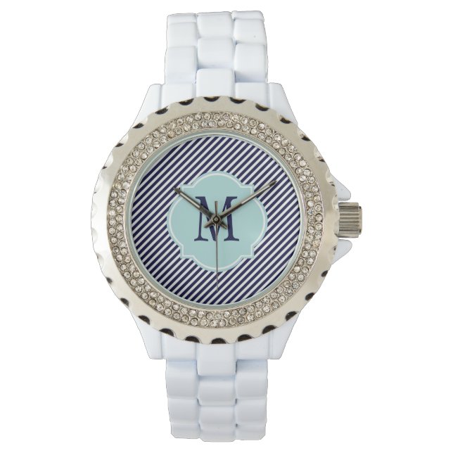 Navy Blue & White Striped Pattern Horloge (Voorkant)