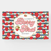 Navy Blue White Stripes Berry Eerste Verjaardag Spandoek (Horizontaal)