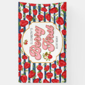 Navy Blue White Stripes Berry Eerste Verjaardag Spandoek (Verticaal)