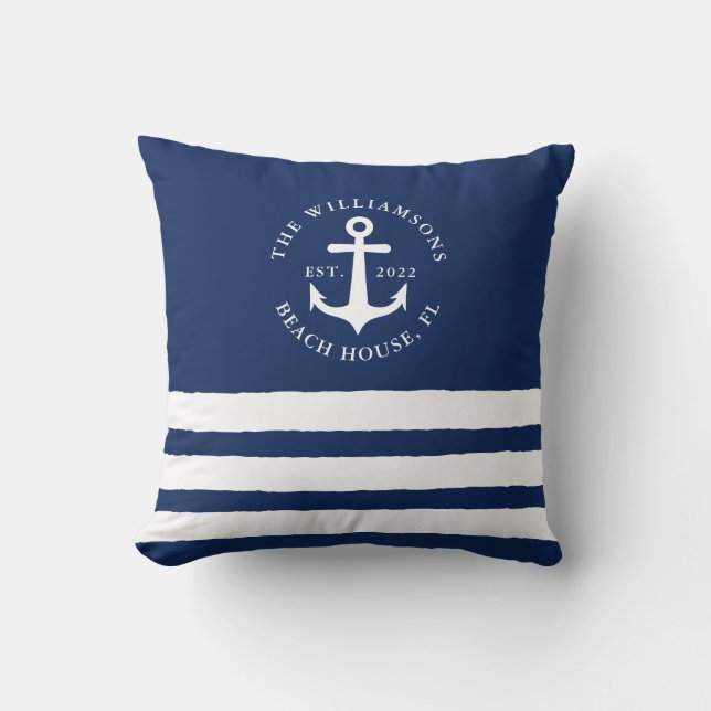 Navy Blue White Stripes Family Monogram Nautisch Kussen (Voorkant)