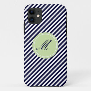 Navy Blue & White Stripes met Monogram iPhone 5 Ho iPhone 11 Hoesje