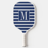 Navy Blue White Stripes Monogrammed Sierkussen P Pickleball Paddle (Voorkant)