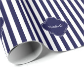 Navy Blue White Stripes, Navy Label Monogram Cadeaupapier (Rol Hoek)
