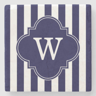 Navy Blue White Stripes, Navy Label Monogram Stenen Onderzetter