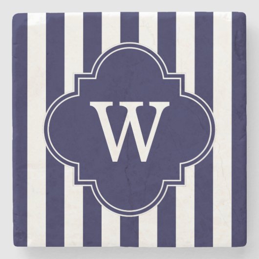 Navy Blue White Stripes, Navy Label Monogram Stenen Onderzetter (Voorkant)