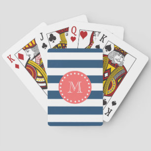 Navy Blue White Stripes Pattern, Coral Monogram Pokerkaarten