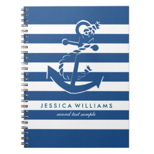 Navy Blue & White Stripes Pattern met Anchor Notitieboek