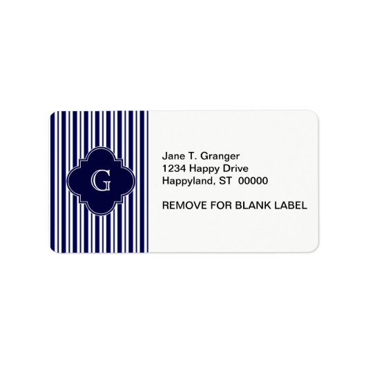 Navy Blue White Uneven Stripes Navy Monogram Label (Voorkant)