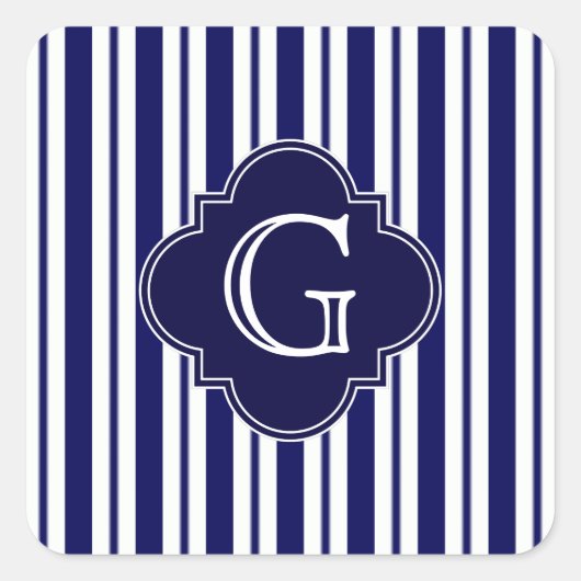 Navy Blue White Uneven Stripes Navy Monogram Label (Voorkant)