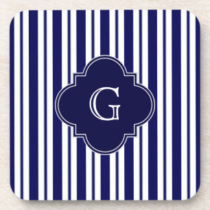 Navy Blue White Uneven Stripes Navy Monogram Label Drankjes Onderzetter