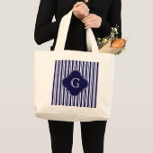 Navy Blue White Uneven Stripes Navy Monogram Label Grote Tote Bag (Voorkant (product))