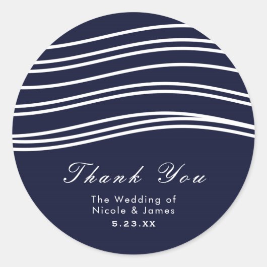 Navy Blue & White Wave Modern Wedding Ronde Sticker (Voorkant)