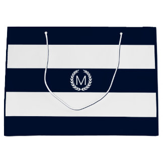 Navy Blue & White Wide Stripe met Monogram Groot Cadeauzakje