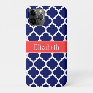 Navy Blue WhMarokkaans #5 Coral Red Name Monogram iPhone 11 Pro Hoesje
