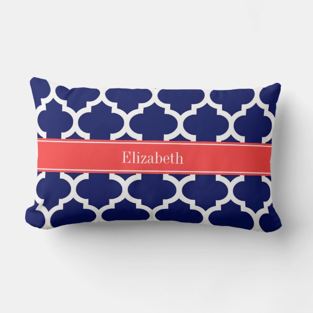 Navy Blue WhMarokkaans #5 Coral Red Name Monogram Kussen (Voorkant)