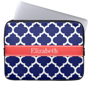 Navy Blue WhMarokkaans #5 Coral Red Name Monogram Laptop Sleeve