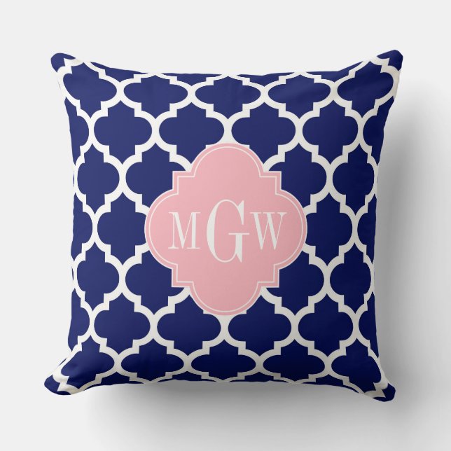 Navy Blue WhMoroccan #5 Roze 3 Initiaal monogram Kussen (Voorkant)