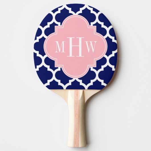 Navy Blue WhMoroccan #5 Roze 3 Initiaal monogram Tafeltennisbatje (Voorkant)