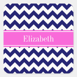 Navy Blue Wht Chevron Hot Pink Naam Monogram Vierkante Sticker