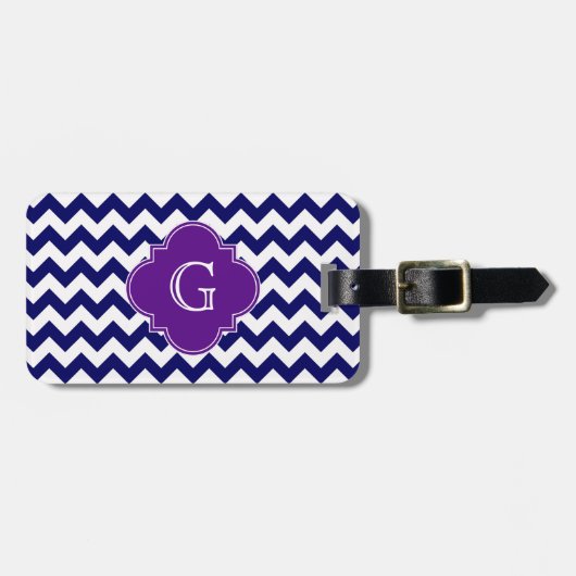 Navy Blue Wht Chevron Paars Quatrefoil Monogram Bagagelabel (Voorkant horizontaal)