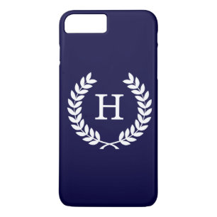 Navy Blue Wht Wheat Laurel WreatInitiaal Monogram iPhone 8 Plus / 7 Plus Hoesje