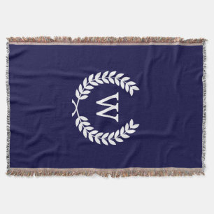 Navy Blue Wht Wheat Laurel WreatInitiaal Monogram Deken