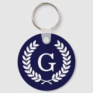 Navy Blue Wht Wheat Laurel WreatInitiaal Monogram Sleutelhanger
