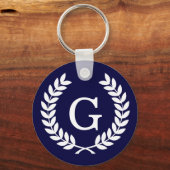 Navy Blue Wht Wheat Laurel WreatInitiaal Monogram Sleutelhanger (Voorkant)