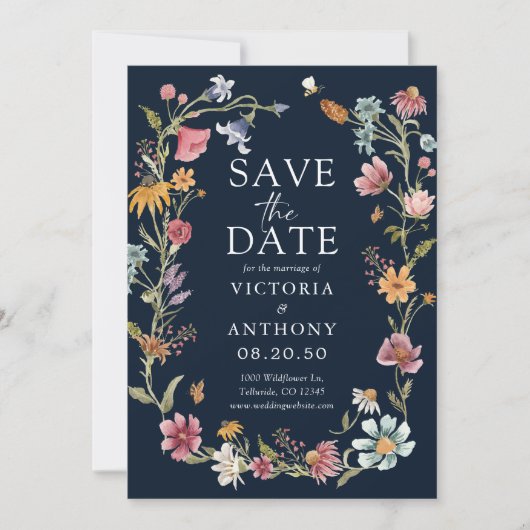 Navy Blue Wildflower bewaart de datumkaarten Save The Date (Voorkant)