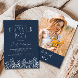 Navy Blue Wildflower Bloom Afstudeerfeest Boho Kaart