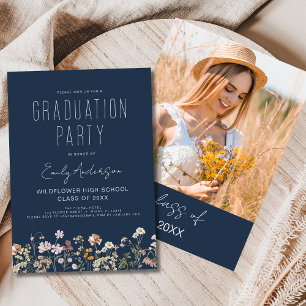 Navy Blue Wildflower Bloom Afstudeerfeest Boho Kaart