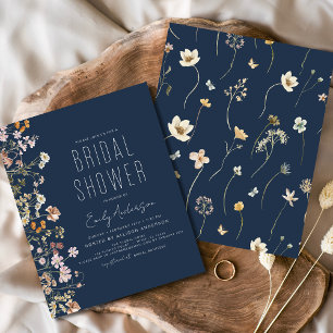 Navy Blue Wildflower Bridal Shower Uitnodiging