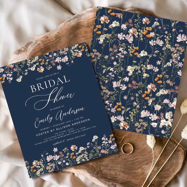 Navy Blue Wildflower Bridal Shower Uitnodiging (Creator heeft geüpload)