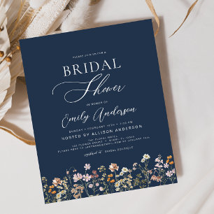 Navy Blue Wildflower Bridal Shower Uitnodiging Flyer
