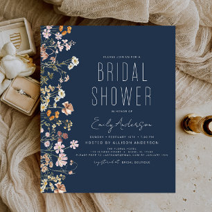 Navy Blue Wildflower Bridal Shower Uitnodiging Flyer