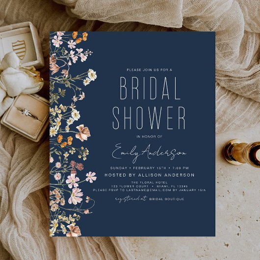 Navy Blue Wildflower Bridal Shower Uitnodiging Flyer
