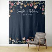 Navy Blue Wildflower bruiloft achtergronden Wandkleed (In situ)