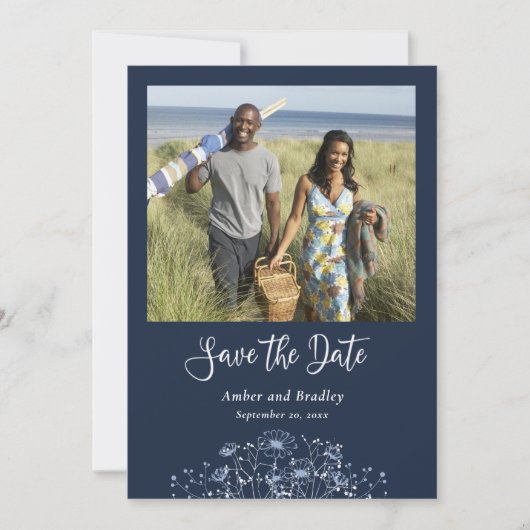 Navy Blue Wildflower Foto QR-code Bewaar de datum Kaart (Voorkant)