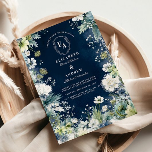 Navy Blue Wildflower Garden Wedding Kaart