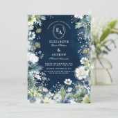 Navy Blue Wildflower Garden Wedding Kaart (Staand voorkant)