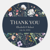 Navy Blue Wildflower Meadow Bruiloft Dank u Ronde Sticker (Voorkant)